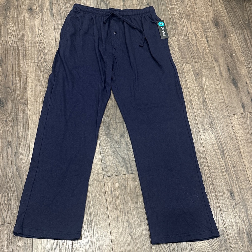Men's Pull On Lounge Pants Pockets Drawstring Waist PJ Pajamas Navy Blue Large